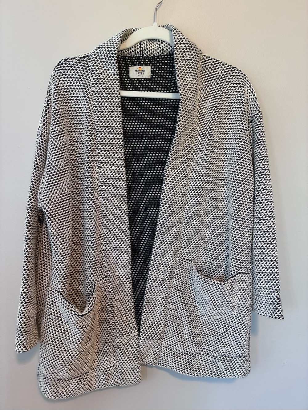 Marine Layer Women’s Medium Black White Textured Knit Open Front Cardigan